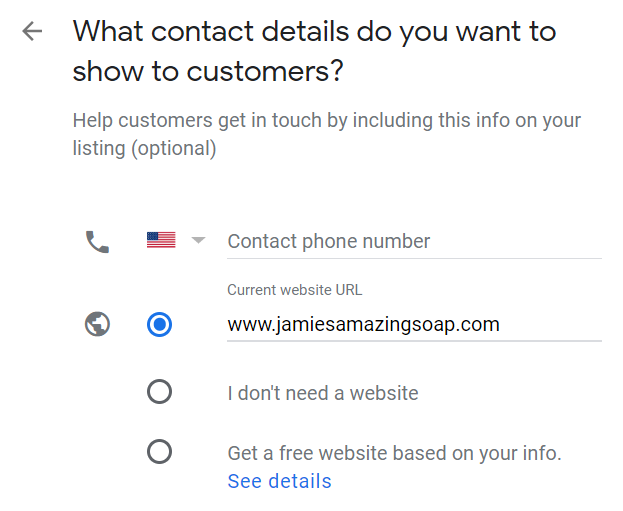 Google My Business add contact details example