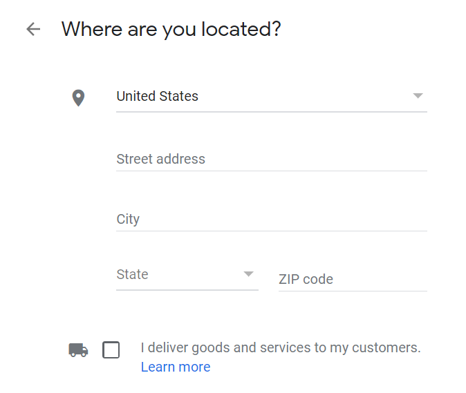 Google My Business address input form example