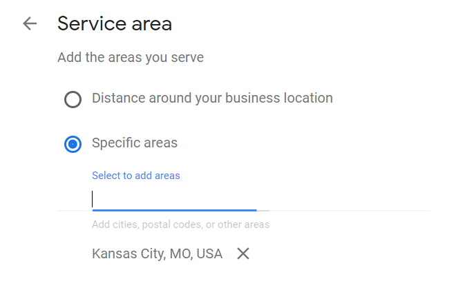 Google My Business service area selection example